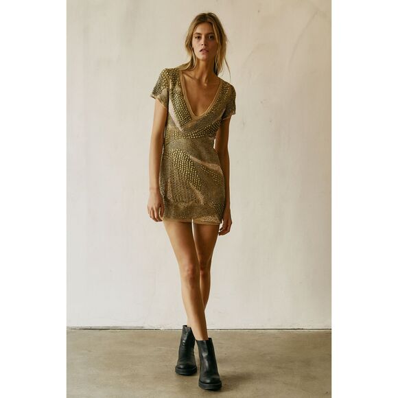 Vintage ALLSAINTS Beige Gracious Heavy Beaded Mini Dress   Women's Size 8 - Picture 1 of 13